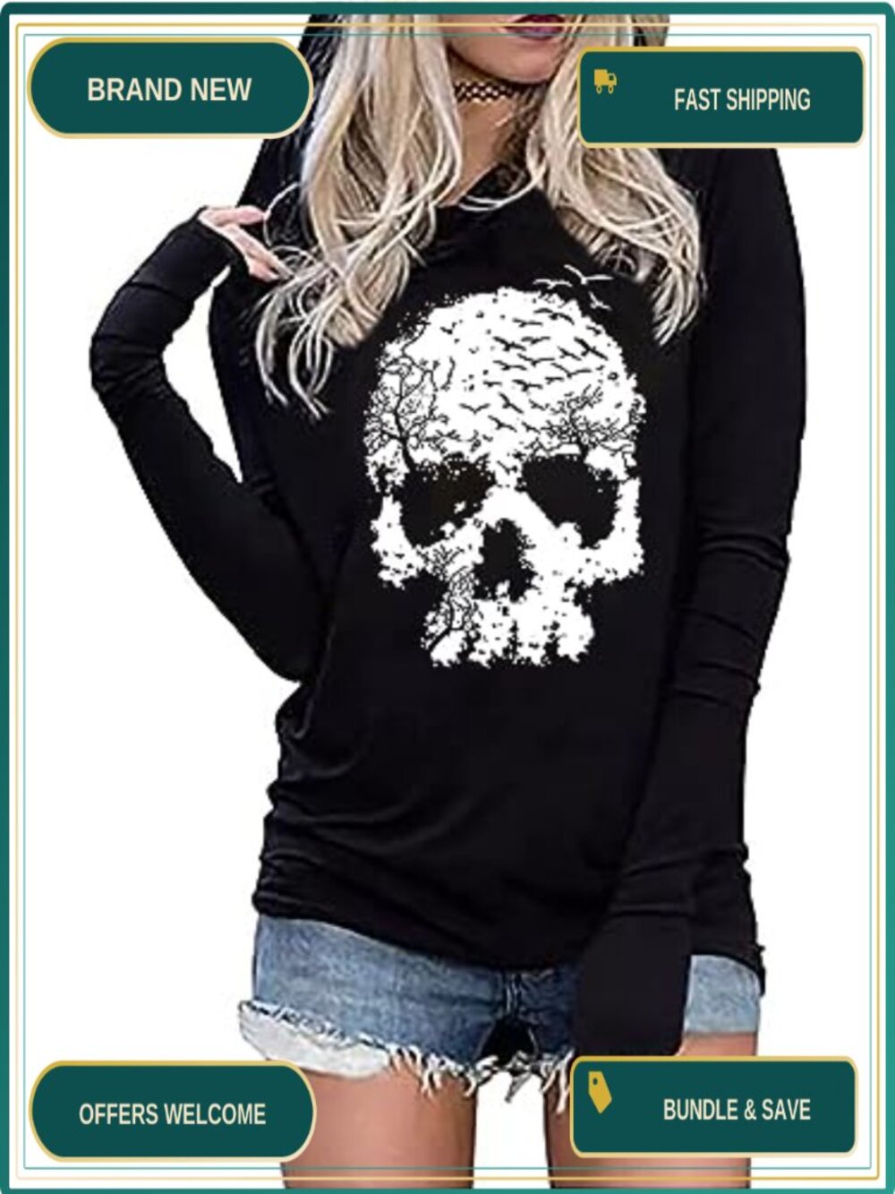 Skull Hoodie Vintage Gothic Graphic Tee Women Halloween Long Sleeve Pullover Top